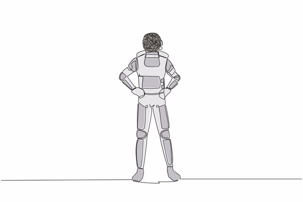 Un solo dibujante de línea continua astronauta con garabates redondos en lugar de ilustración vectorial de la cabeza