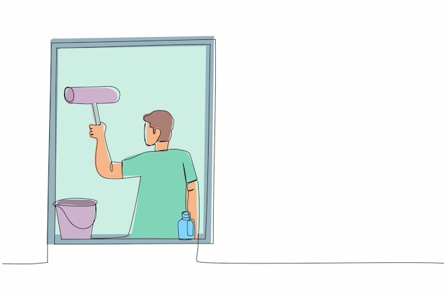 Un solo dibujante de línea continua limpiando ventanas con herramientas de limpieza de vidrio Lavando ventanas