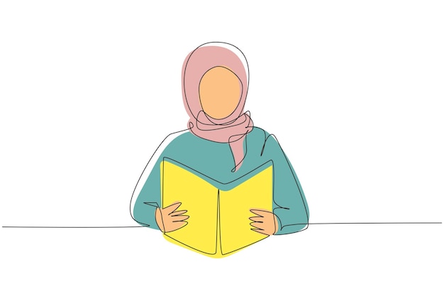 Un solo dibujo de una chica árabe leyendo un libro estudiante de educación sentado en el escritorio para leer el vector.
