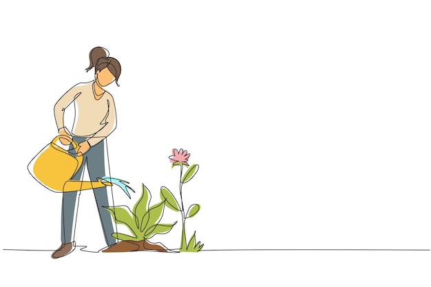 Un solo dibujo de una encantadora joven o jardinero que se ocupa de la ilustración del jardín doméstico.