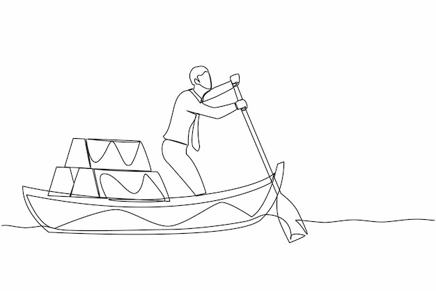 Un solo dibujo de un hombre de negocios de pie en el barco y navegando con una pila de lingotes de oro