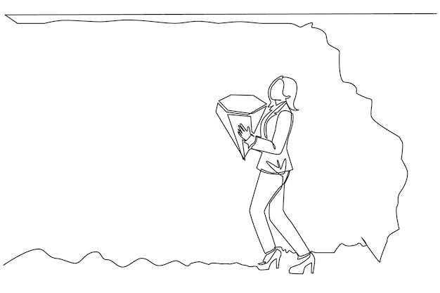 Un solo dibujo de una joven mujer de negocios con un gran diamante de la excavación de tesoros subterránea