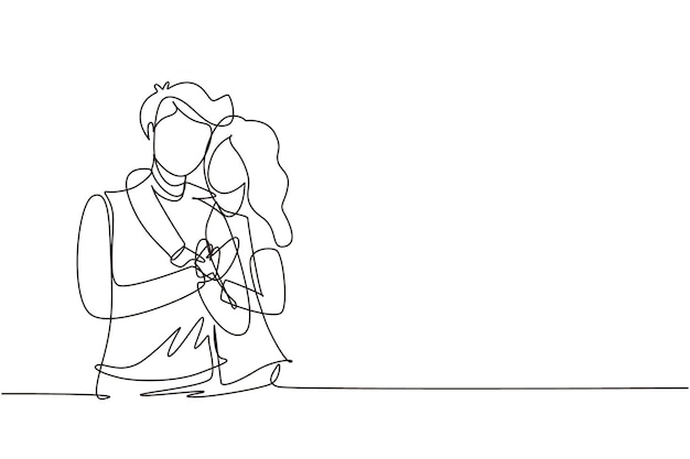 Un solo dibujo de una línea amantes hombre y mujer abrazan concepto de familia feliz pareja en relación en el amor hombre feliz abrazando a su pareja mujer diseño de línea continua moderna ilustración gráfica vectorial.