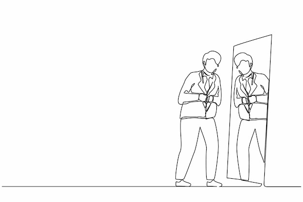 Un solo dibujo de una línea de un apuesto hombre de negocios mirándose en el espejo mirándose a sí mismo vector de diseño