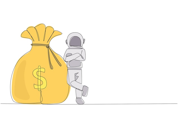 Un solo dibujo de una línea astronauta enérgico apoyarse en una bolsa de dinero gigante diseño ilustración gráfica