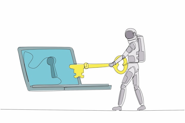 Un solo dibujo de una línea astronauta poniendo la llave en la computadora portátil Protección de Internet encriptación de la nave espacial