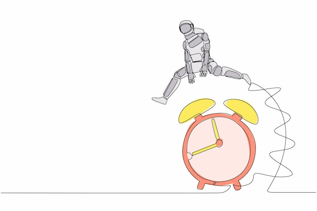 Un solo dibujo de una línea astronauta saltando sobre caballo de ajedrez caballero inteligencia cerebral para nave espacial