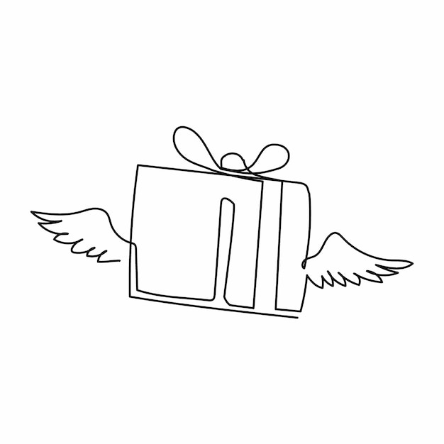 Un solo dibujo de una línea caja de regalo voladora con alas caja sorpresa alada con lazo rojo y cinta