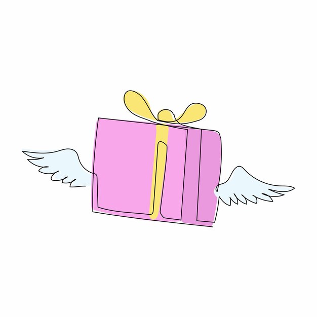 Un solo dibujo de una línea caja de regalo voladora con alas caja sorpresa alada con lazo rojo y cinta