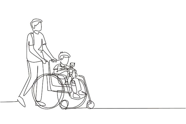Un solo dibujo de una línea centro de rehabilitación para niños padre se ocupa del niño feliz papá