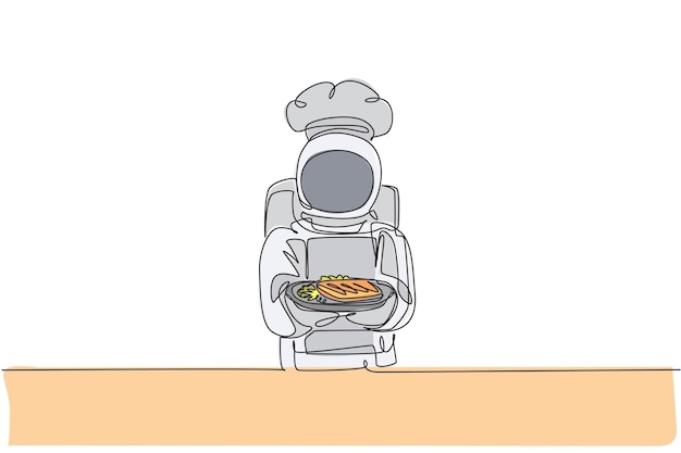 Un solo dibujo de línea del chef astronauta que sirve carne sana comida de cocina para el restaurante vector gráfico