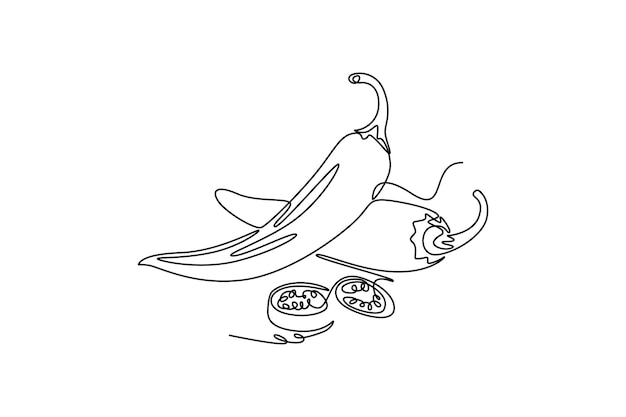 Un solo dibujo de una línea de chile caliente orgánico saludable entero y cortado para la agricultura identidad del logotipo concepto de chile fresco para el icono de verdura diseño de dibujo de línea continua ilustración gráfica vectorial