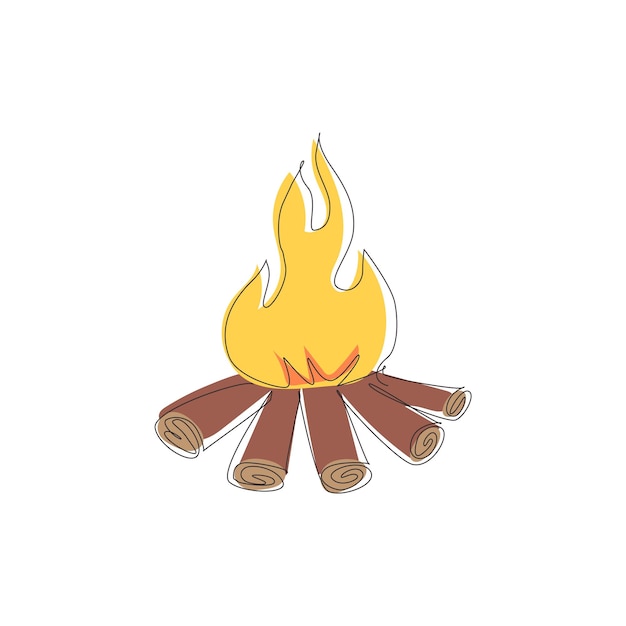 Un solo dibujo de una línea de chimenea fogata de leña ardiente de viaje y símbolo de aventura vector.