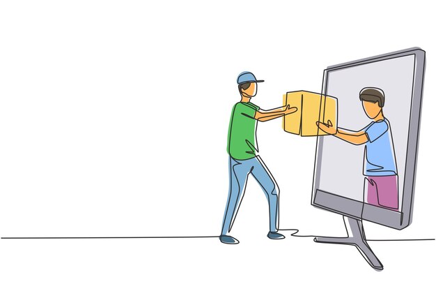 Vector un solo dibujo de una línea cliente masculino recibe un paquete en caja vector de concepto de servicio de entrega en línea