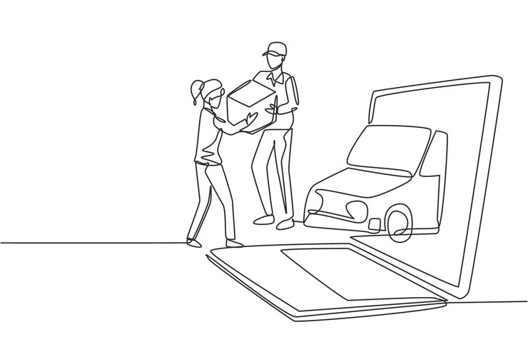 Vector un solo dibujo de una línea del coche de la caja de entrega sale en parte de una pantalla de portátil gigante cliente femenino