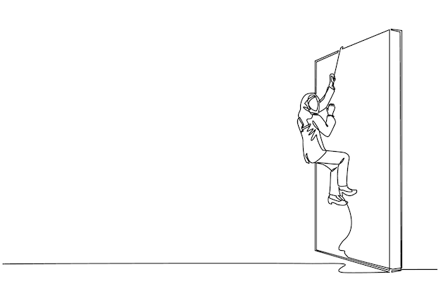Un solo dibujo de una línea de concepto de determinación de negocios con una mujer de negocios árabe escalando por encima de la pared