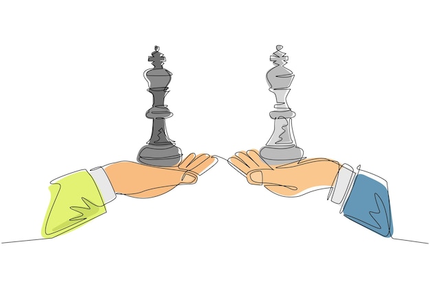 Un solo dibujo de línea concepto de negocio de hombre de negocios manos uno sosteniendo el rey pieza de ajedrez vector