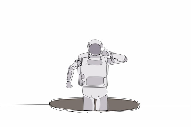 Un solo dibujo de una línea confundido joven astronauta emerge del agujero deprimido y nave espacial