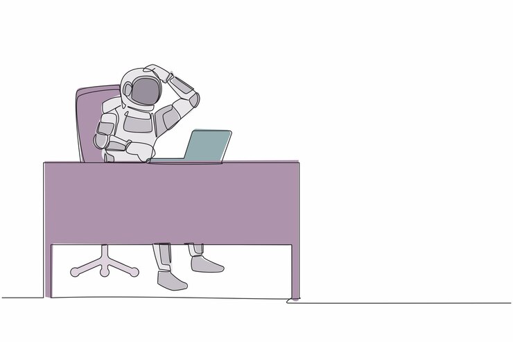 Vector un solo dibujo de una línea confundido joven astronauta trabajando en una computadora portátil en un escritorio de diseño vectorial