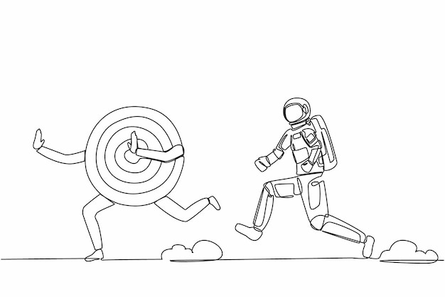 Un solo dibujo de línea continua astronauta correr perseguir dardos objetivo en la superficie de la luna vector de diseño