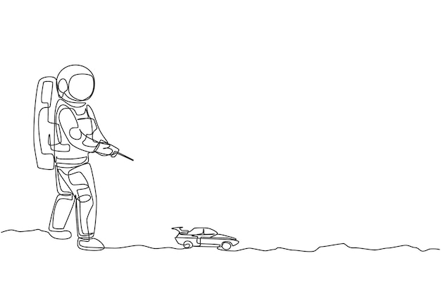 Un solo dibujo de línea continua de un astronauta jugando al control de radio de un automóvil sedán en el vector de la superficie lunar