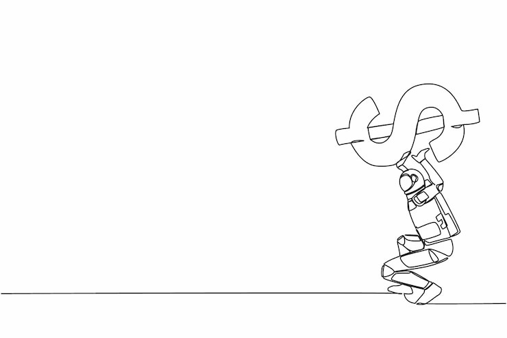 Vector un solo dibujo de línea continua astronauta llevando un pesado símbolo de dólar en su espalda vector de exceso de trabajo