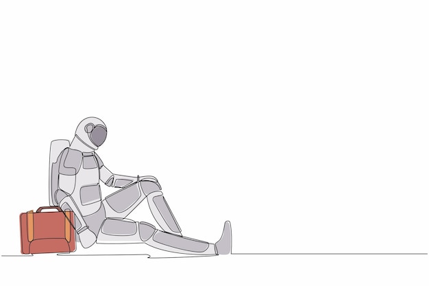 Un solo dibujo de línea continua astronauta con maletín sentado en la desesperación en el suelo expresión triste