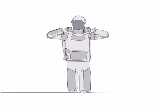 Un solo dibujo de línea continua de un astronauta de pie con el pulgar hacia abajo en el vector de diseño del gesto del signo