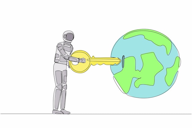 Un solo dibujo de línea continua de un astronauta poniendo la llave en el globo viaja o explora la tierra por encima