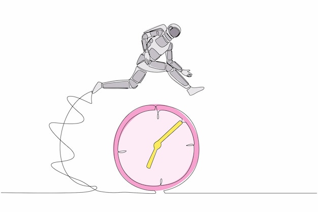 Un solo dibujo de línea continua del astronauta saltando sobre el reloj Gestión del tiempo y programación en el espacio