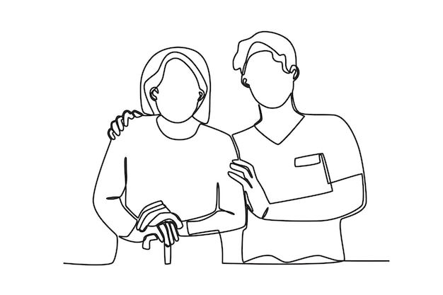 Un solo dibujo de línea continua de atención médica un enfermero está visitando a una paciente en el hogar una mujer embarazada h