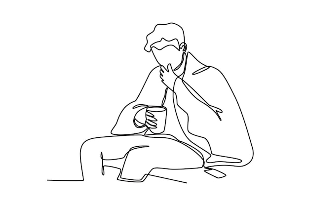 Un solo dibujo de línea continua de atención médica un hombre está tomando medicina a base de hierbas y cubriéndose con