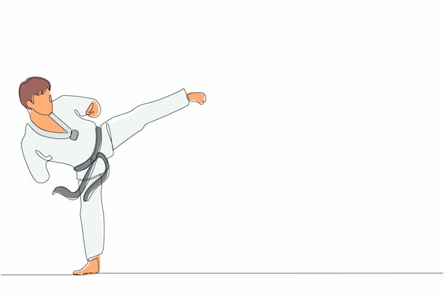 Un solo dibujo de línea continua de un atleta masculino con discapacidad practicando taekwondo. Ilustración vectorial