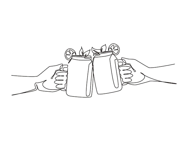 Un solo dibujo de línea continua de cerca de dos manos sosteniendo un cóctel de limonada en frascos de vidrio vector.