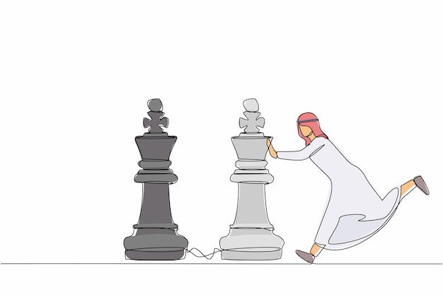 Un solo dibujo de línea continua competitivo empresario árabe empuja enorme vector de diseño de ajedrez rey