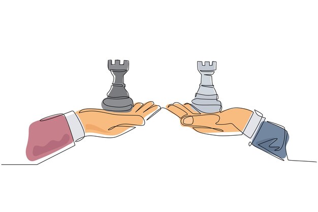 Un solo dibujo de línea continua concepto de negocio de hombre de negocios manos una pieza de ajedrez de torre