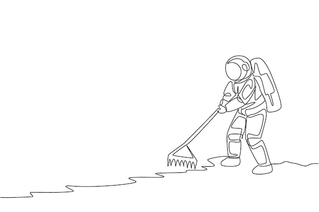 Un solo dibujo de línea continua cosmonauta nivelando aplanando la tierra usando rastrillo de metal en el vector de la luna