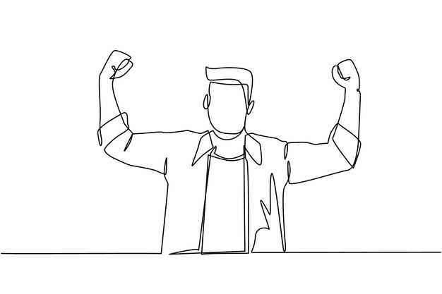 Un solo dibujo de línea continua empleado feliz de la compañía se encuentra en una postura fuerte vector de diseño