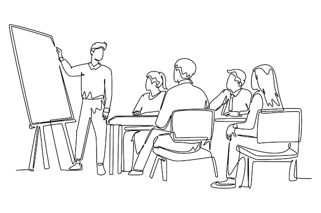Un solo dibujo de línea continua entrenador feliz enseñando habilidades para la vida y lecciones de habilidades interpersonales a jóvenes directores ejecutivos Formación empresarial y concepto de reuniones Ilustración vectorial de diseño gráfico de dibujo de una línea