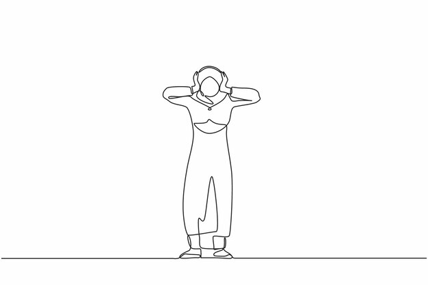 Un solo dibujo de línea continua estresó a una mujer de negocios árabe con dolor de cabeza con las manos en la cabeza estresada