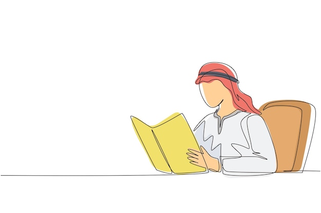 Un solo dibujo de línea continua de un estudiante árabe sentado en una mesa con un libro en las manos leyendo un vector.