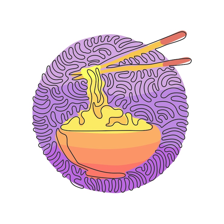 Vector un solo dibujo de línea continua de fideos en un tazón de ramen asiático vector de restaurante tradicional chino