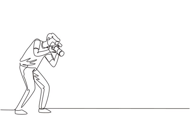 Un solo dibujo de línea continua fotógrafo profesional con cámara tomando fotos con vector de postura.