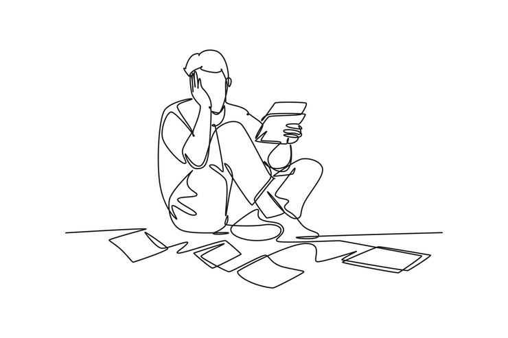Vector un solo dibujo de línea continua de un gerente de finanzas estresado frente a una pila de papeles de documentos en la oficina del piso concepto de proyecto de sobrecarga de trabajo ilustración vectorial de diseño gráfico dinámico de una línea