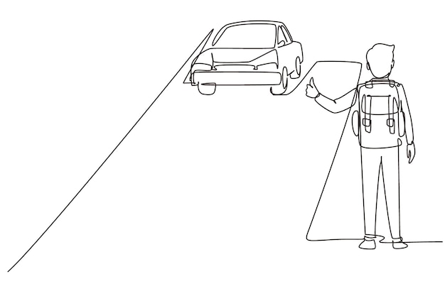 Un solo dibujo de línea continua haciendo autostop viajando por la carretera Hombre con gran mochila detuvo el vector de viaje.