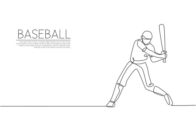 Un solo dibujo de línea continua hombre ágil jugador de béisbol práctica para golpear la pelota vector de diseño deportivo