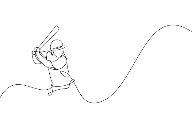 Un solo dibujo de línea continua hombre ágil jugador de béisbol práctica para golpear la pelota vector de diseño deportivo