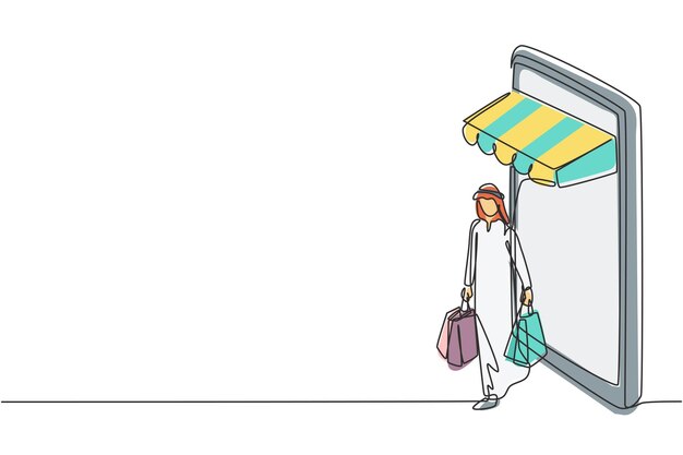 Un solo dibujo de línea continua de un hombre árabe saliendo del dosel de la pantalla de un teléfono inteligente vector de diseño de arte