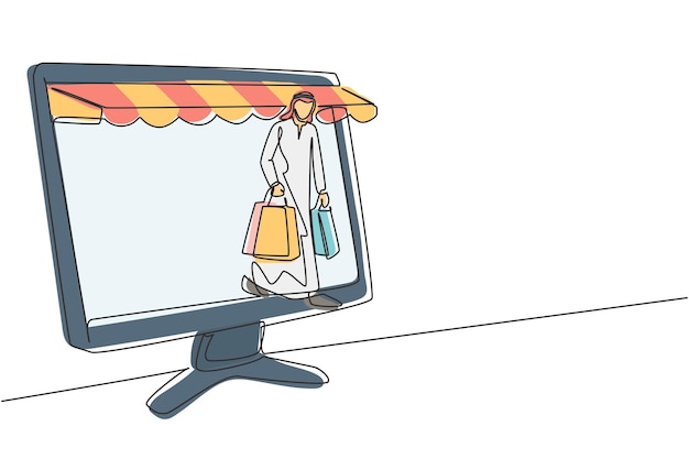 Un solo dibujo de línea continua hombre árabe saliendo de la pantalla del monitor del dosel sosteniendo bolsas de compras