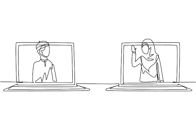 Un solo dibujo de línea continua hombre árabe sosteniendo un teléfono inteligente de pie frente al teléfono inteligente y el médico